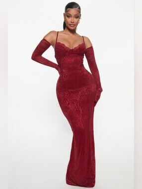 Fashion Nova Burgundy Lace Maxi Dress NWT